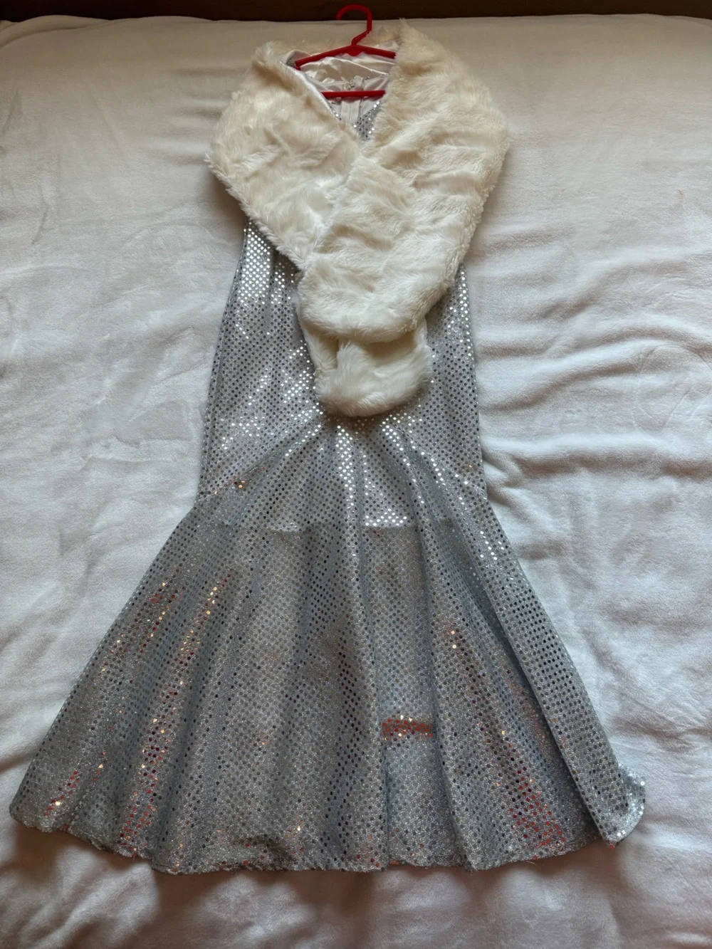 Kids Silver Sequin Mermaid Dress with Cream Faux Fur Stole